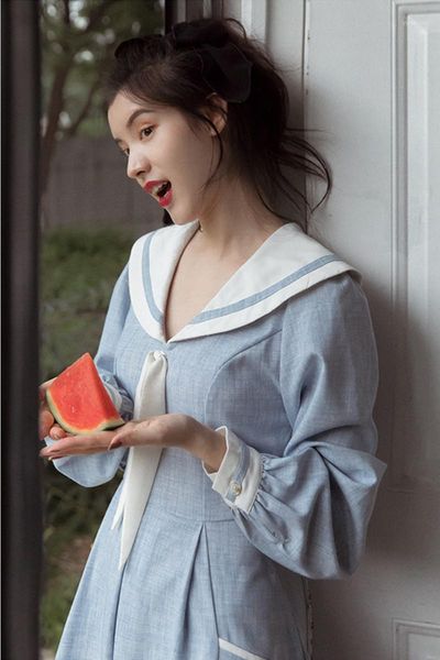 

casual dresses preppy style sailor collar women dress for slim lady vintage sweet long sleeve light blue elagant celebrity clothes vestido, Black;gray