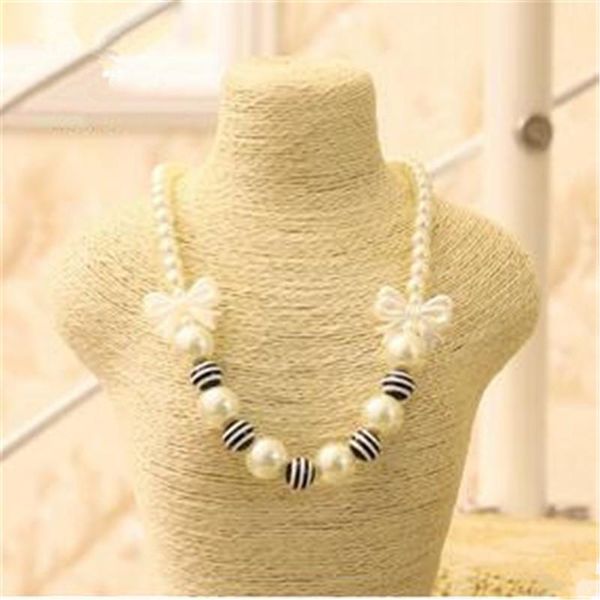 

Korea High Quality Striped Simulated Pearl Bowknot Strand Choker Necklace Children Kids Jewelry For Girl Accessories-SLCGNL011F Chokers, Golden;silver
