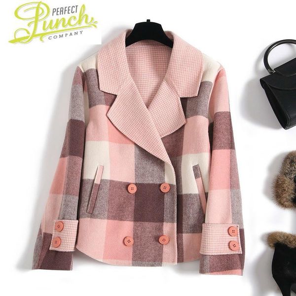 

women's wool & blends women short double-sided 100% jacket korean pink plaid coat overcoat abrigos mujer elegante 2021 cya0270 kj5067, Black