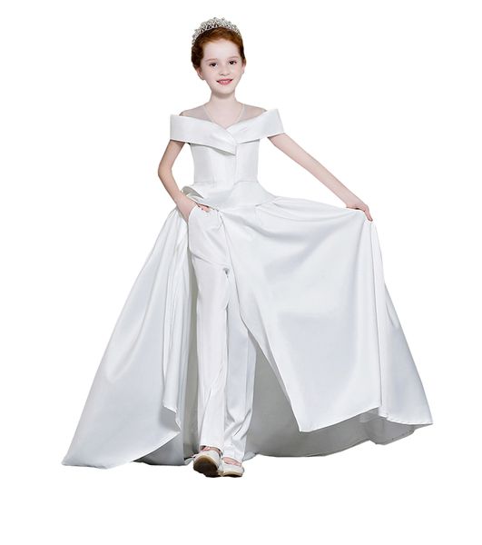 

2022 satin jumpsuit dresses pageant for special occasion cold shoulder pleated pocket pantsuit flower girl dress wedding, White;red