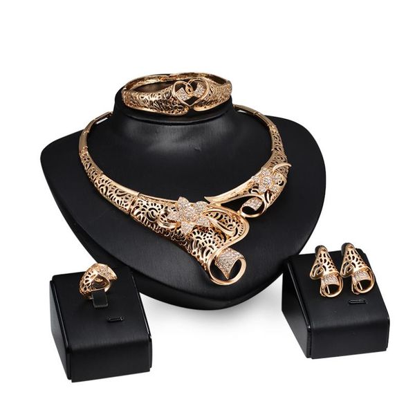 

2021 golden hollow jewelry set 4pcs crystal heart flower bangle necklace ring earring women wedding jewelry gift, Black