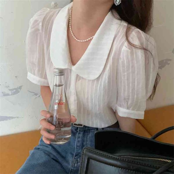 

blusas mujer de moda chic korean shirt peter pan collar puff short sleeve loose blouses women thin striped 210519, White