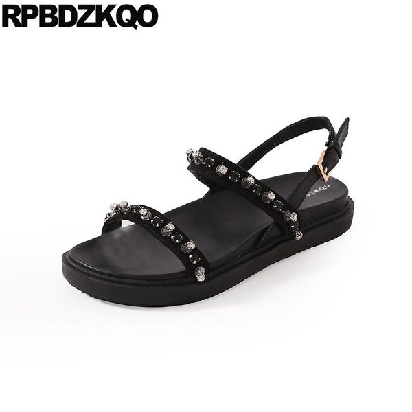 

fashion designer slingback open toe suede diamond shoes 2021 summer jewel black rhinestone crystal women sandals flat casual