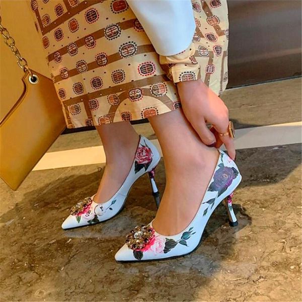 

sandals spring and autumn printing fashion high heels pink white rhinestones decorative pointed heel womens leather shoes, Black