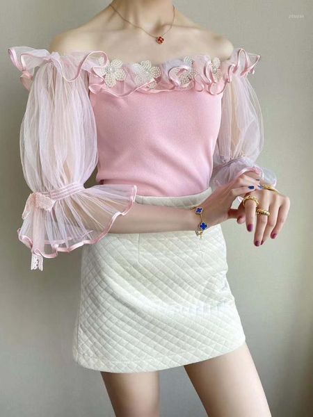 

summer fashion sweaters jumper women off shoulder applique flowers deco casual knitted white 's women's, White;black