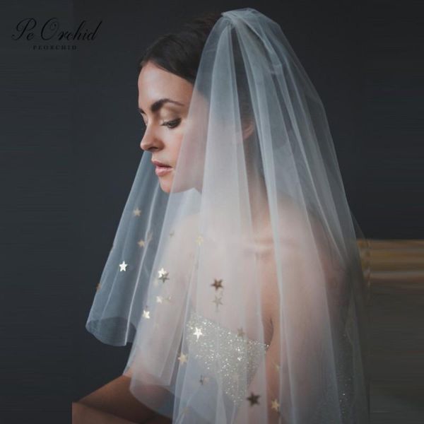 

bridal veils peorchid ivory gold star veil accessoires mariage short wedding for brides 2 layer 2021 voile de mariee, Black