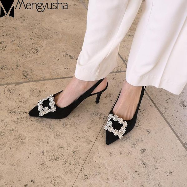 

crystal rhinestone pointed toe summer sandals shallow flock slingback female shoes woman trendy korean sandalias mujer 2021, Black