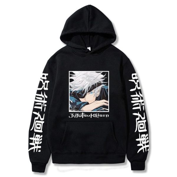 

men's hoodies & sweatshirts japanese anime jujutsu kaisen gojo sator printing hooded harajuku cartoon clothes casual long sleeve winter, Black