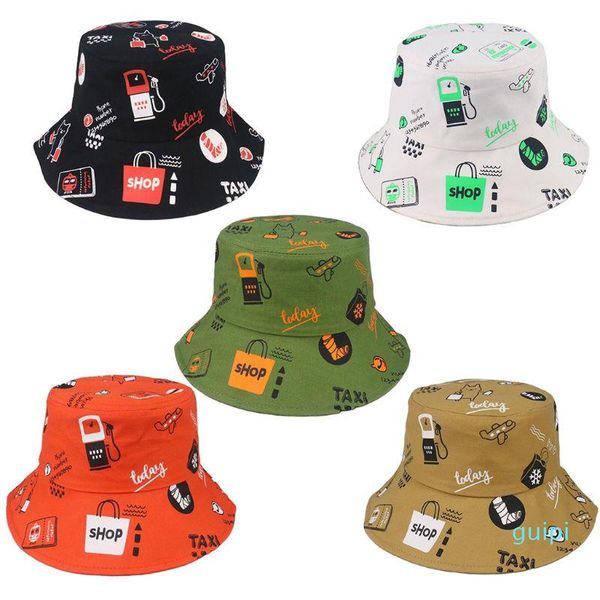 

japanese bucket hat plane filling station letters graffiti print hip hop sunscreen panama fisherman cap, Blue;gray