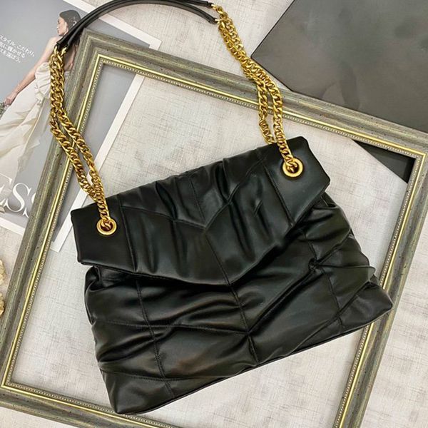 

black crossbody bag women messenger purse puffer quilting bag cowhide leather tote handbag chain duffle bag