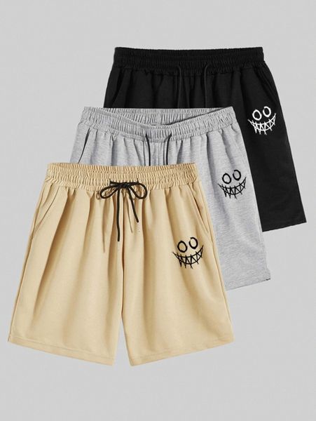 

men 3pcs cartoon graphic drawstring waist track shorts j7rn#, Black