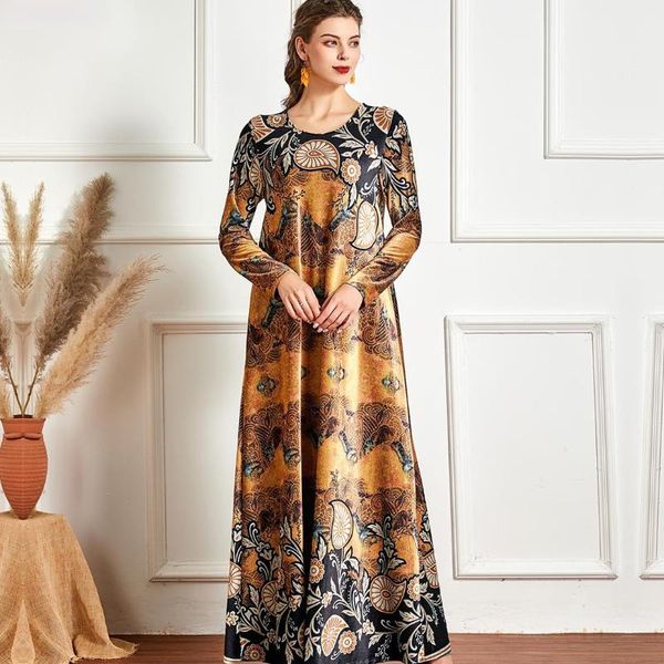 

ethnic clothing 2021 muslim women's velvet print long sleeve fashion dress with wide-swing flavor european abaya turkey caftan, Red