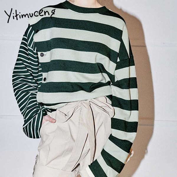 

yitimuceng irregular striped t shirts woman oversize contrast color tees harajuku green spring summer fashion shirts 210601, White