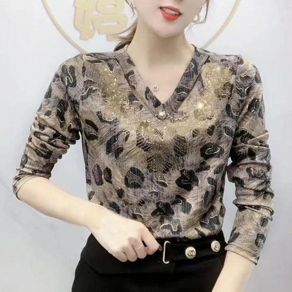 

women's blouses & shirts women spring autumn style elegant lady casual long sleeve v collar printed leopard stripes blusas, White