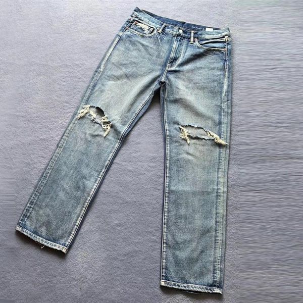 

men's jeans high-quality retro loose trend ripped denim trousers 2021 autumn casual old motorcycle straight-leg pants, Blue
