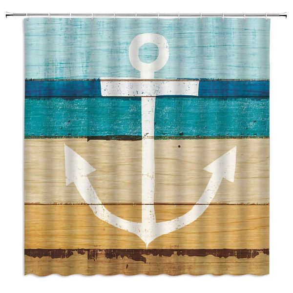 

nautical theme shower curtain anchor icon on vintage color wooden planks,70x70 inch polyester fabric bathroom accessories