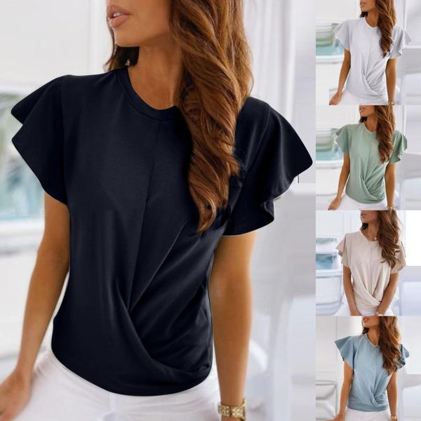 

women's t-shirt summer women oversized t shirt fashion solid color round neck lace short sleeve knotted streetwear clothes, White