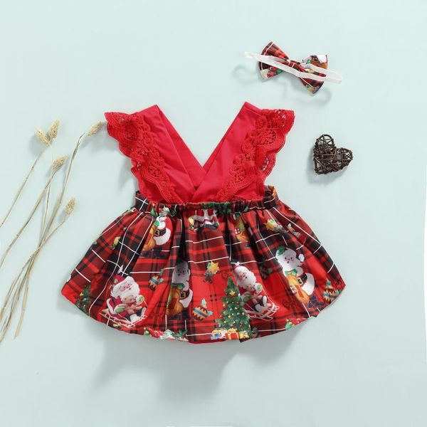 

rompers christmas infant baby girls cute headband 2pcs lace sleeve v neck santa plaid printed jumpsuits 0-24m, Blue