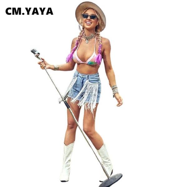 

women's jeans cm.yaya women solid tassel zipper pockets mid waist denim shorts female fashion streetwear summer 2021, Blue