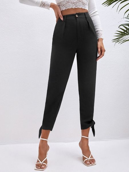 

high waist fold pleated knot hem pants v9ei#, Black;white