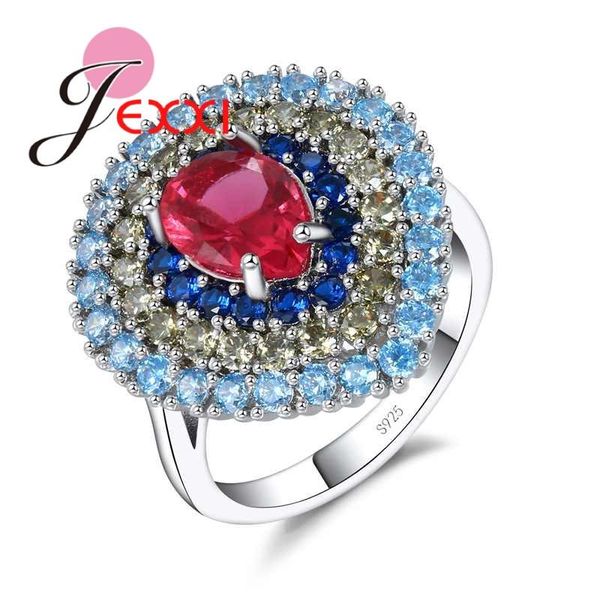 

cluster rings colorful fashion big heart for women 925 sterling silver red blue cubic zirconia crystal wedding engagement bague, Golden;silver