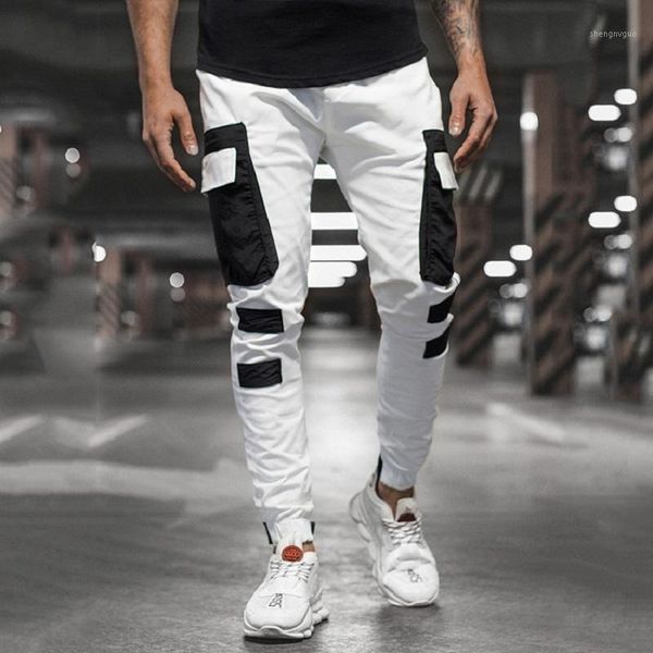 

men's pants woven pocket stitching contrast color casual spring/autumn sports joggers mens sweatpants streetwear, Black