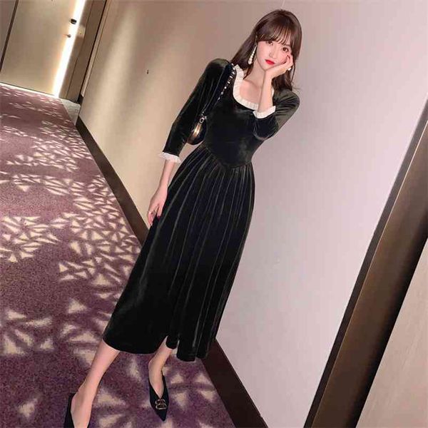 

autumn japanese women's square collar high waist slim dress sheath office lady knee-length v-neck 210603, Black;gray