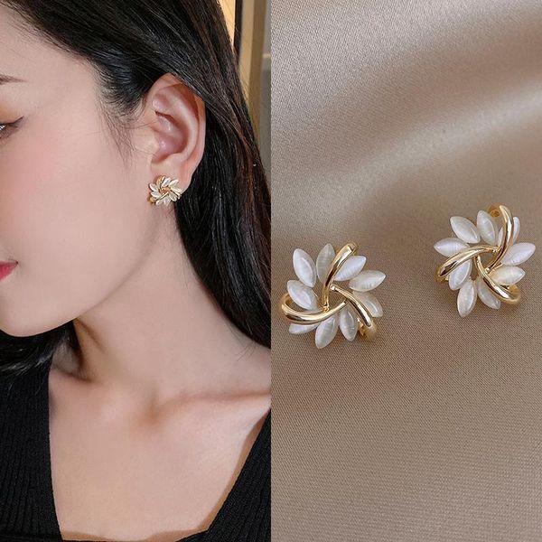 

stud metal flower earrings inlaid with transparent crystal opal petal minimalist style temperament girl commemorative gifts, Golden;silver