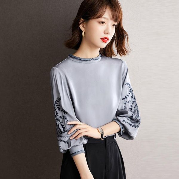 

women's blouses & shirts 2021 autumn fashion blouse female stand-up collar lantern sleeve embroidery temperament blusa silk shirt kk974, White