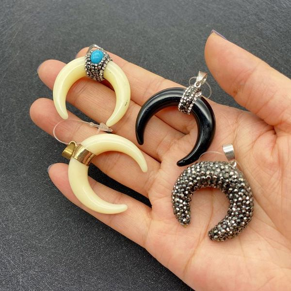 

charms moon shaped diamond pendant black resin ox bone women's fashion accessories for diy necklace jewelry making wholesale, Bronze;silver