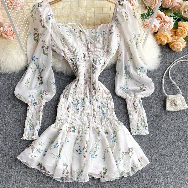 

casual dresses 2021 women's spring fragmental print flowers dress french retro square collar lantern sleeve elastic fold mini, Black;gray
