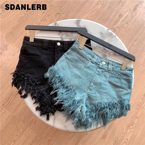 

women's jeans shorts pants women 2021 summer personality high waist thin ripped fringed denim female black blue