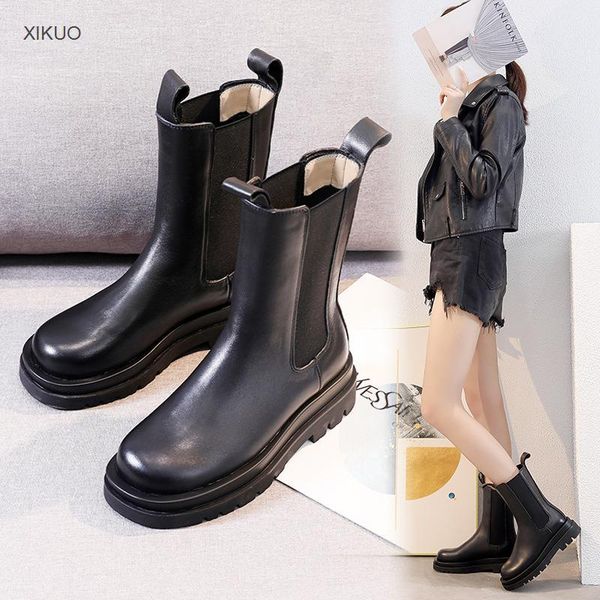 

boots leather thick soled big head women's 2021 fashion black large