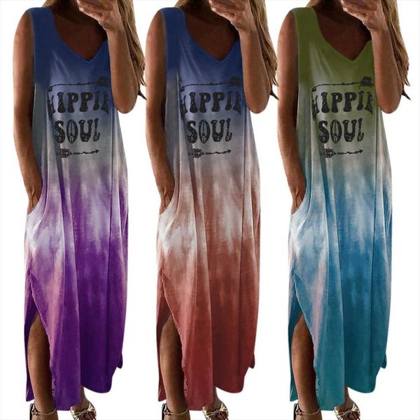 

boho v neck sleeveless womens dress gradient color hippie soul pockets long loose, Black;gray