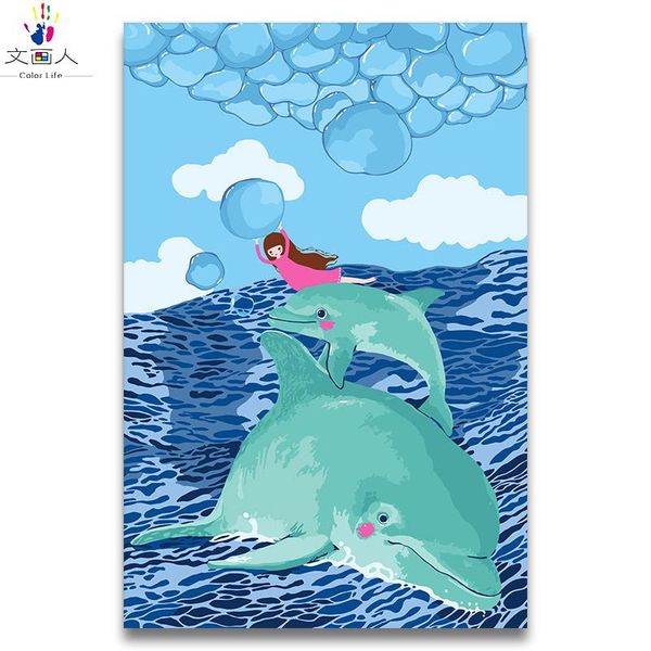 

paintings coloring by numbers cartoon anime digital paint girl and 2 dolphins picture oil painting children's room decor