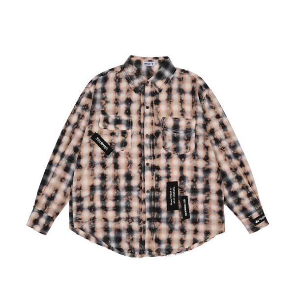 

men's casual shirts spring and autumn fashion tie dye plaid front pockets torn edge hip hop khaki for male, White;black