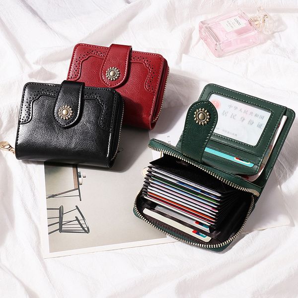 

design hand 2021 new leather wallet card integrated bag women's leather wallet compact multi-function large capacity, Red;black