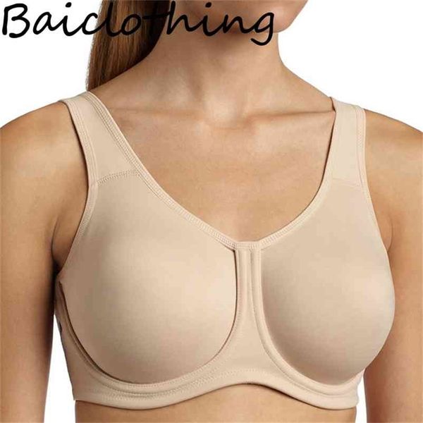 Womens Max Control Alto Impacto Underwire Plus Tamanho Cobertura Completa Bra Urnined Sólido Exterior Grande Roupa Interior 38 40 42 C D DD E F G H 210728