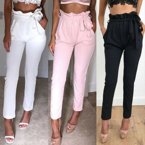 

chic high paperbag waist slim women pant skinny ol loose long trousers casual bow belt drawstring pencil, Black;white