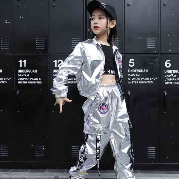 

boys hip hop jacket girl jazz jogger pants 2 pcs set kids sequins dance outfit teen shining children costume streetwear, White