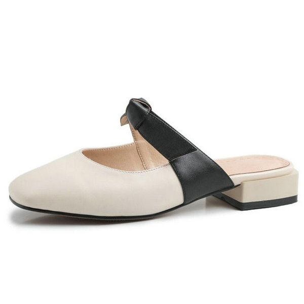 

square toe shoes woman low heels 2021 fashion women mules genuine leather party office lady slippers, Black