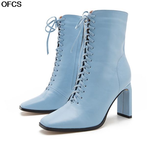 

boots lady square high heels women shoes ankle fashion cross strap head lace up size 35-42 adl5, Black