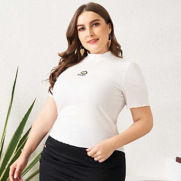 

women's t-shirt 2021 summer oversized t-shirt knitted white floral letter embroidered slim petal short sleeve stretchable large to