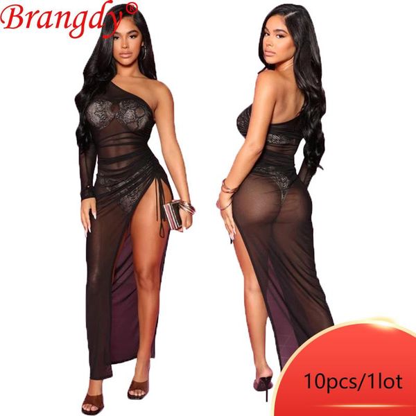 

casual dresses bulk lots womens summer split ankle-length y2k dress fashion solid one shoulder long sleeve clothing b7252, Black;gray