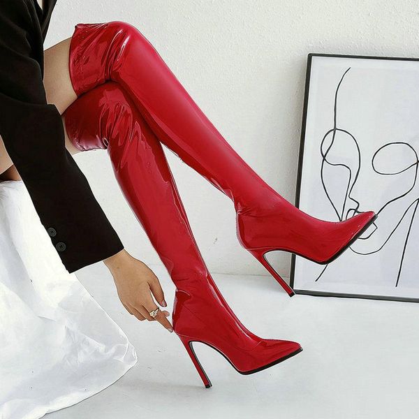 

boots women patent leather slip on over the knee fashion pointed toe long female thin high heel autumn winter shoes, Black