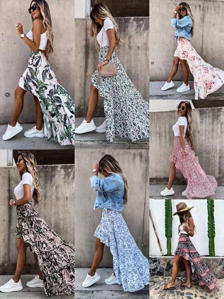 

skirts bohemian asymmetrical women long skirt summer beach style floral printed high waist casual, Black