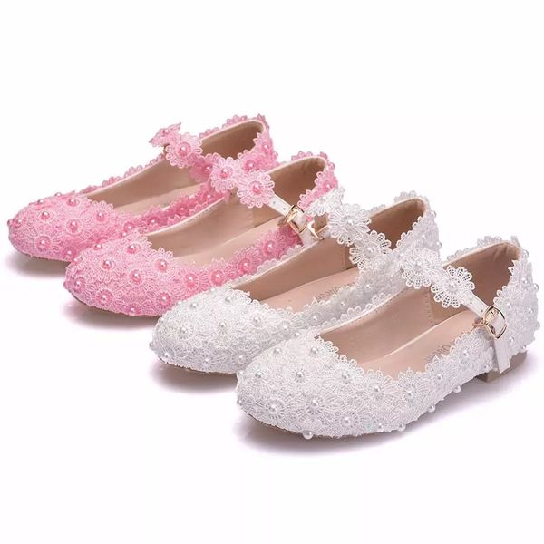 Scarpe da sposa in pizzo bianco rosa per ragazze Bambini Princess Dance Kids Fashion Party Shoes fiori tacchi