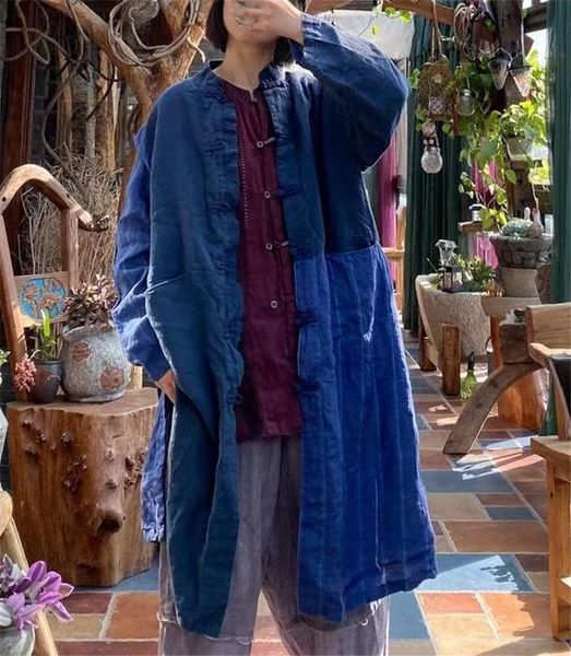 

women's trench coats original retro double breasted button loose pure linen cardigan stitching contrast coat spring and summer mid long, Tan;black