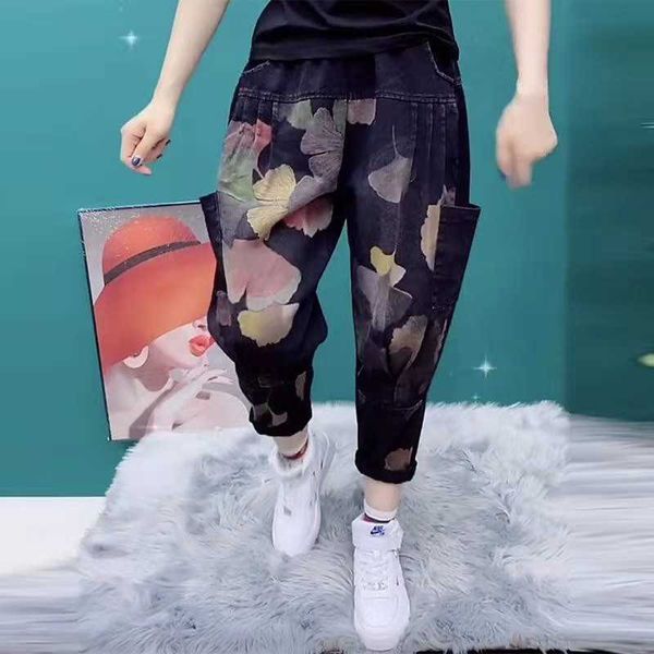 

arrival spring arts style women loose casual elastic waist harem pants cotton denim vintga print patchwork jeans w257 210608, Blue