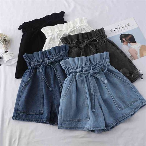 Verão Alto Cintura Denim Shorts Mulheres Casual Soltos Senhoras Lace-Up Bolso Elástico Azul Branco Branco Calça Jeans Feminino Praia 210719